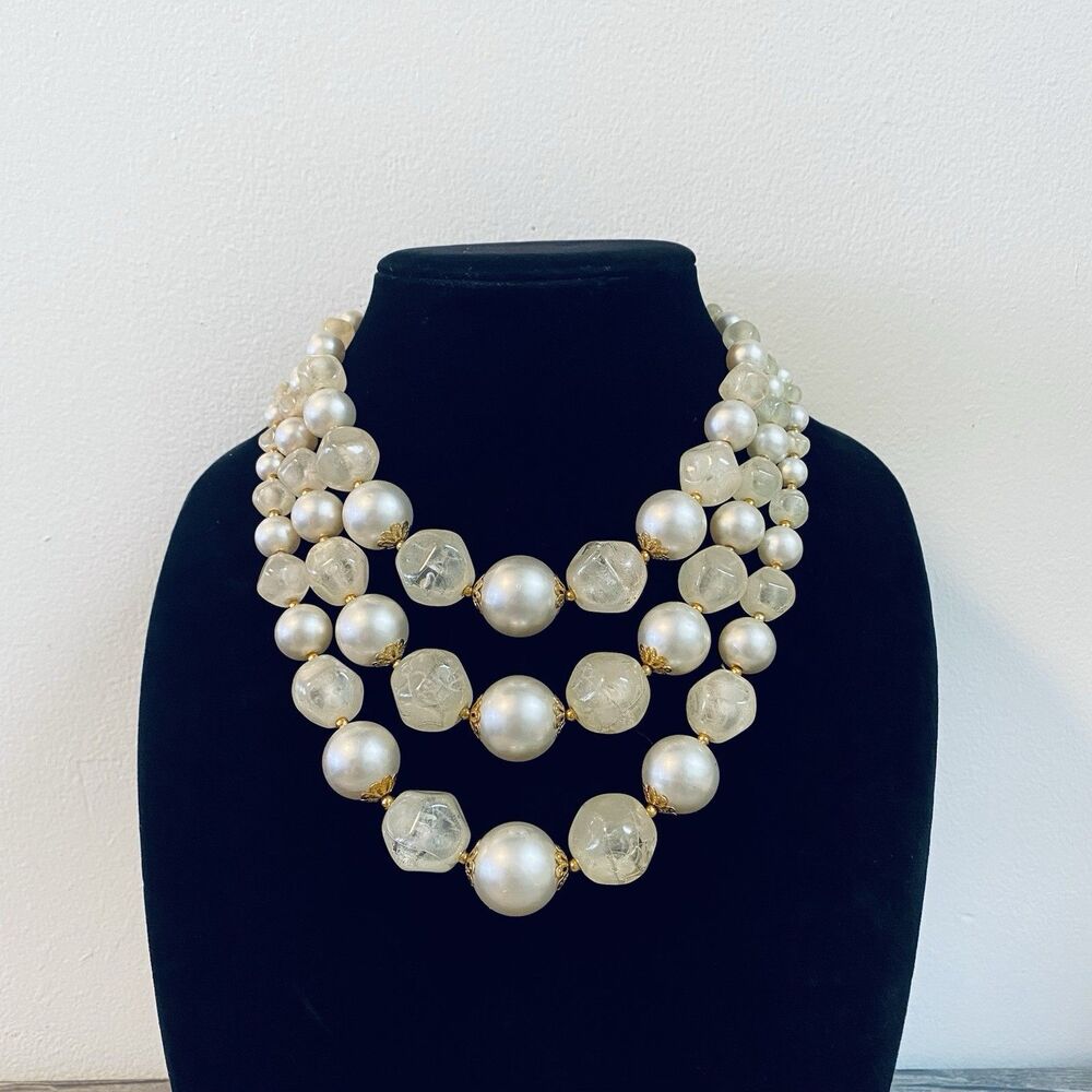 Vintage Glamor 1950's 60's Faux Baroque Pearl Crystal Bead 3 Strand Necklace